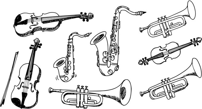 Hand-Drawn Musical Instruments Sketch Set: Violins, Saxophones, Trumpets. Artistic Black and White Doodles for Music and Art Designs.