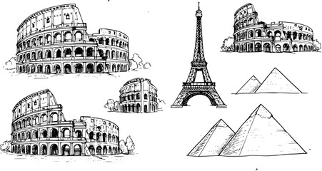 Hand drawn sketch set of iconic world landmarks including the Colosseum, Eiffel Tower, and Pyramids, ideal for travel and global themes. © naila