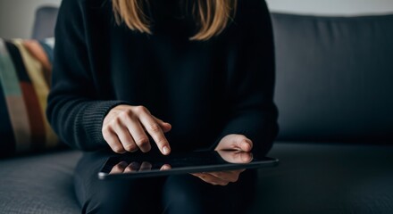 Naklejka premium woman in black sweater using tablet on couch