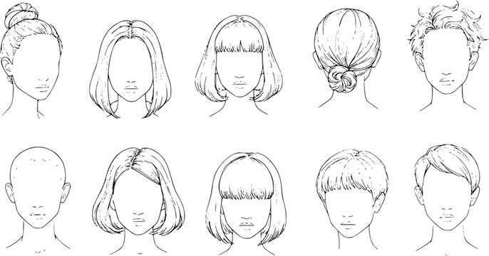 Detailed line art collection of diverse hairstyles for men and women, featuring various cuts, updos, and short, medium, long hair in black  white outline drawings.