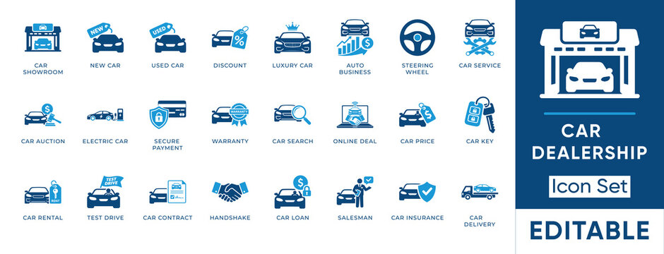 Car dealership icon set. Containing dealership, showroom, rental, auction, service, loan, insurance and auto icons. Solid vector icons collection.