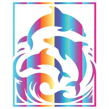 Dolphins swimming in circular wave composition with decorative frame, abstract marine wildlife vector perfect for logo, posters, and summer themes with Vibrant rainbow gradient.