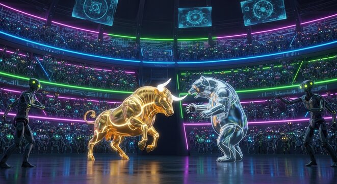 Digital arena hosts a symbolic confrontation between golden bovine and glowing ursine figures overseen by androids