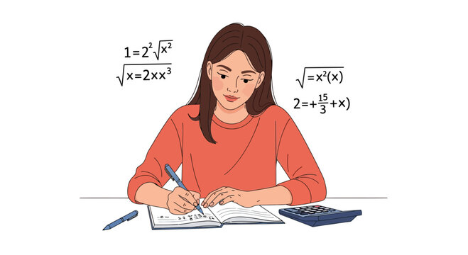 Young woman diligently solving complex math equations in a notebook with a calculator nearby
