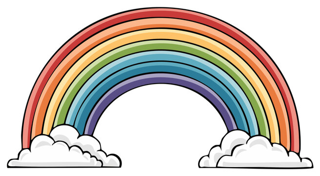 Vibrant Cartoon Rainbow Arching Above Clouds with Vivid Colors