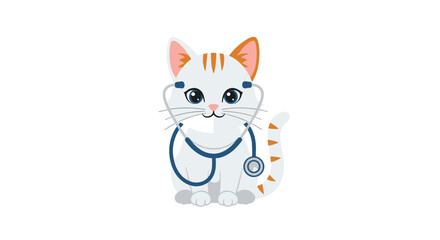 Fototapeta premium A cute cartoon white cat with orange stripes sits upright wearing a blue stethoscope.