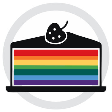 Vibrant rainbow layer cake slice with dark frosting and a stylized berry on top, a sweet treat illustration.