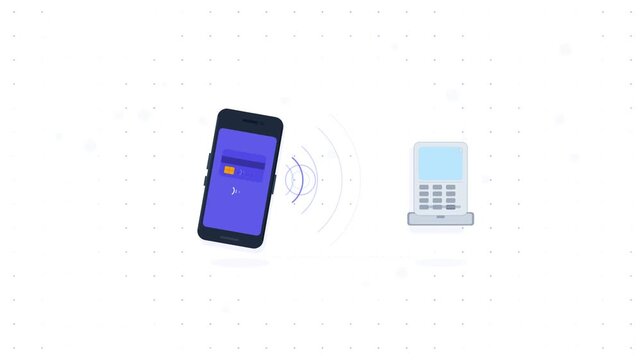 Contactless tap to pay animation using smartphone and payment terminal with NFC signal waves in simple flat cartoon vector style clean design