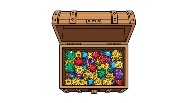An open wooden treasure chest is filled with colorful gems and gold coins featuring lightning bolt symbols on a white background.