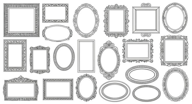 A large collection of twenty-three empty, ornate picture frames in black and white line art is displayed against a white background.