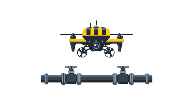 A yellow and black underwater drone hovers above a dark grey pipe section with two valves on a white background.