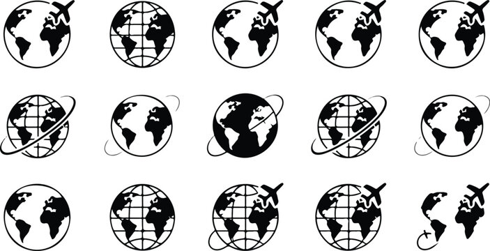 Flat line art collection of 16 Earth icons including flying planes, orbital paths, and standard globe symbols clean modern vector illustration