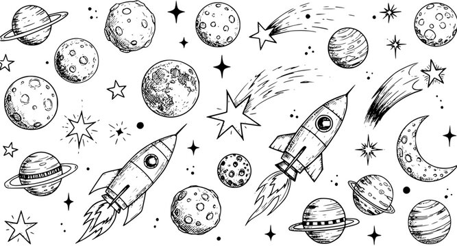 Space Travel Doodles: Hand-Drawn Rockets, Planets, Stars, and Moons Vector Illustration