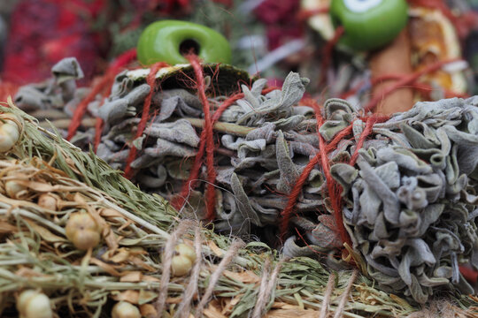 Herbs and dried plants for sale at a local market