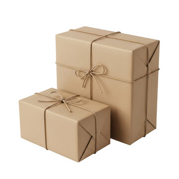 Two brown paper gift boxes tied with simple twine string bows, isolated on transparent cutout png.