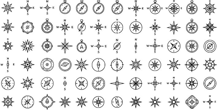 Detailed collection of black and white line art compasses and compass roses, featuring diverse styles for navigation, exploration, and travel symbols in a clean vector icon set.