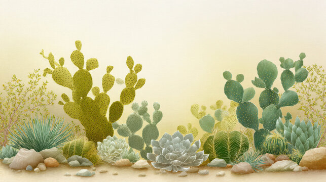 A desert landscape with vibrant cacti and succulents, a tribute to the resilience of nature in arid environments
