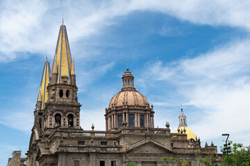 Fototapeta premium Panoramic view of the Cathedral of Guadalajara, Mexico. A beautiful blue sky with a few clouds
