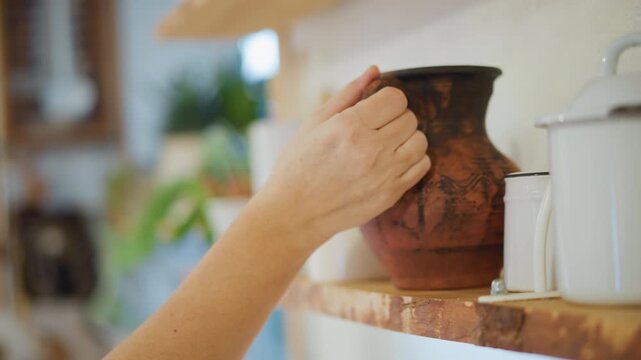 Home cook holding terracotta pitcher at sink, apron clad figure rinsing jug under brass faucet, pumpkins and herbs on countertop, kitchen prep and cleanup sequence, warm domestic energy