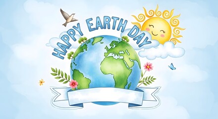 Naklejka premium Happy earth day greeting card with cute planet, sun, and floral elements