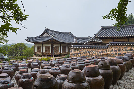 Traditional Korean earthenware jars in a hanok courtyard with historic architecture