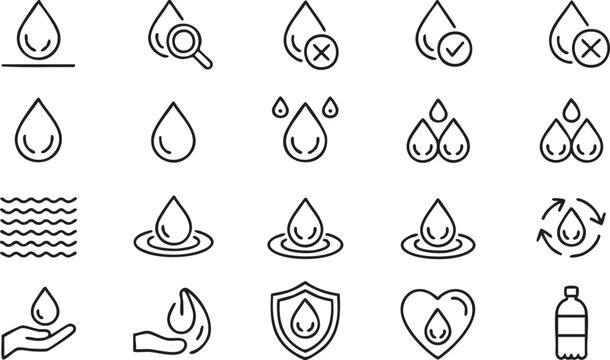 Hydration and water drop outline icons set for environmental, healthcare and mobile app design projects