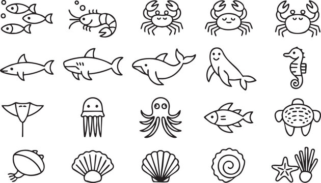 Underwater wildlife vector icon set with marine animals and aquatic symbols for education projects