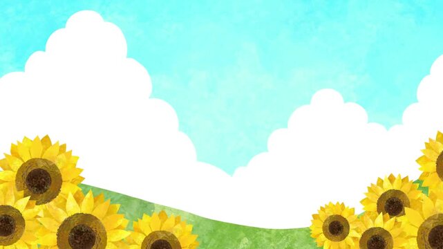 青空と山並みを背景にたくさんの向日葵が咲いているアニメーション動画
