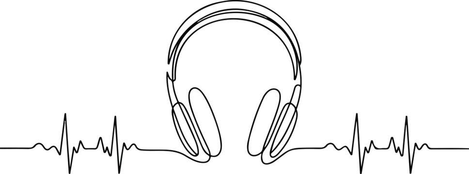 Flat vector illustration of headphones integrated with heart rate monitor line simple clean monochrome music and heartbeat design