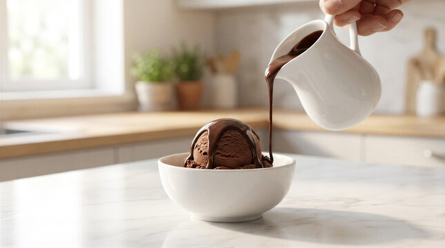 Chocolate ice cream scoop in a white bowl with warm chocolate sauce being poured from a ceramic pitcher in a bright kitchen setting