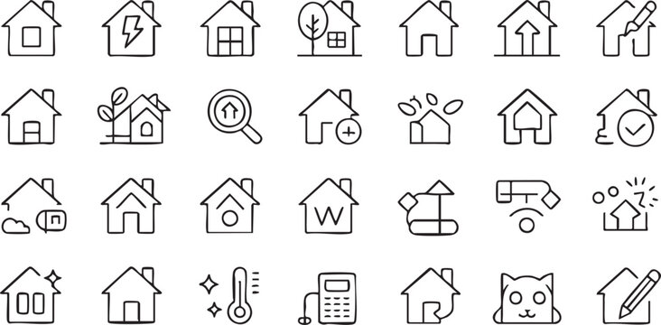 Property icon pack with real estate, residential and architecture elements in minimal line style