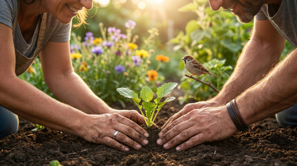 Fototapeta premium Closeup of a couple planting a small green seedling in fertile soil in a sunny garden with a small bird perched nearby