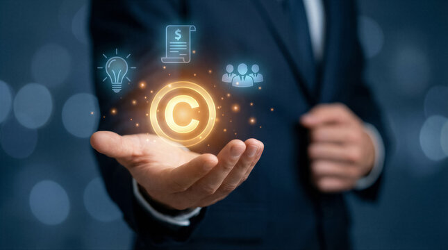 Businessman holding a glowing copyright symbol in his hand, representing intellectual property protection, legal rights, and creative ownership