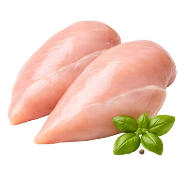 Raw chicken breast fillets with basil isolated on white background, fresh poultry meat