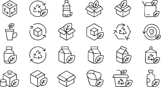 Green packaging icon pack with biodegradable, reusable and eco concepts in minimal line style