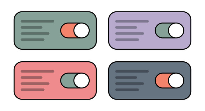 Colorful Toggle Switch UI Cards Flat Vector Set with Modern Interface Controls. Minimal dashboard settings panels with On-Off Switch Buttons in Flat Design Style. vector web buttons. UI/UX elements 