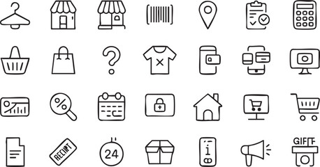 Fototapeta premium Shopping ecommerce icon set with retail, online store and purchase symbols in clean outline vector style