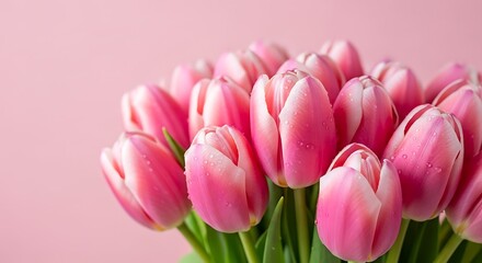 Obraz premium A close-up of a bouquet of pink and white tulips, water droplets, on a pink backdrop