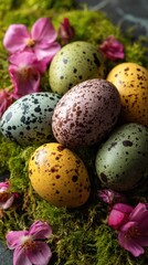 Obraz premium Top view of colorful natural speckled Easter eggs arranged in green moss with pink spring flowers. Rustic seasonal composition symbolizing Easter, renewal and spring celebration.
