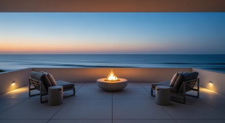 Naklejka premium Luxurious outdoor terrace featuring a modern fire pit and seating overlooking the ocean at twilight