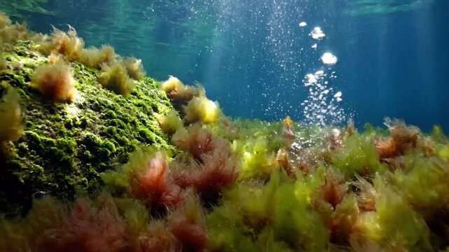 Vibrant underwater garden with lush green and red algae, illuminated by sunlight, and gentle bubbles rising through the clear water