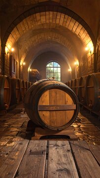 A wine barrel sits on wooden planks in a dimly lit cellar
