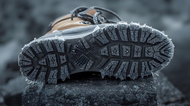 Grip of the Arctic: Frost-Encased Boot Sole, A Detailed View of Traction and Ice on a Frozen Peak.