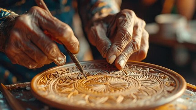Skilled hands meticulously carve intricate patterns into a wooden plate