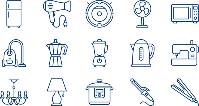 Household electronics and home appliance icon set featuring refrigerator, microwave, vacuum cleaner, coffee maker, sewing machine, blender, and laundry equipment symbols.