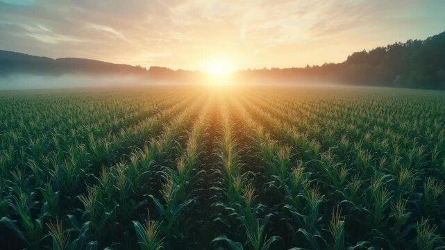 A vibrant sunset casts rays over a vast cornfield with fog and a distant treeline