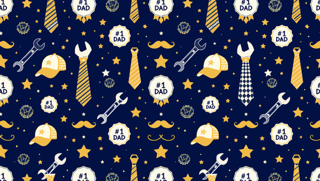 Father's Day gift wrapping paper features a seamless vector pattern of tools and accessories on a dark blue background