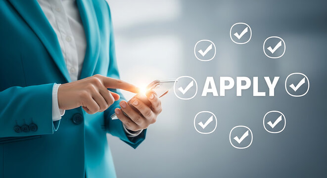 Businesswoman applying online, checkmarks and apply button on screen