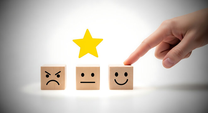 Hand selecting a happy face rating on wooden blocks with emoticon faces