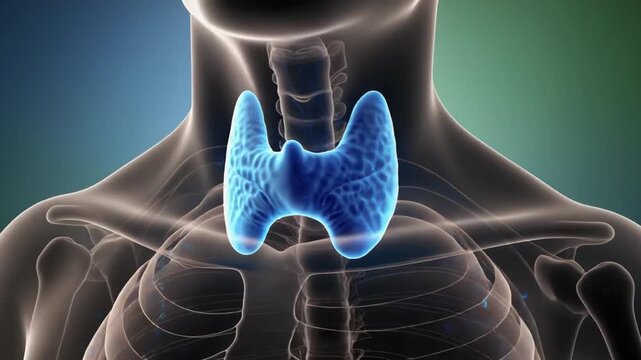 A medical illustration of a human torso with a highlighted thyroid gland and scattered blue molecular structures around it
